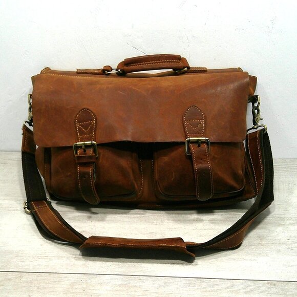 Katee Deep Chocolate Brown Raw Leather Messenger Bag Laptop Bag Unisex - Picture 1 of 16